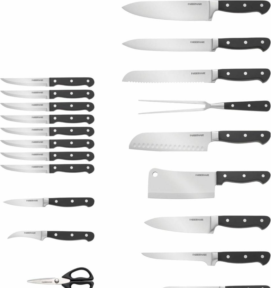 Farberware 21-Piece Forged High-Carbon Stainless Steel Knife Block Set with Sharpener, Meat Cleaver, Carving Fork & Steak Knives, Cherry Wood Block