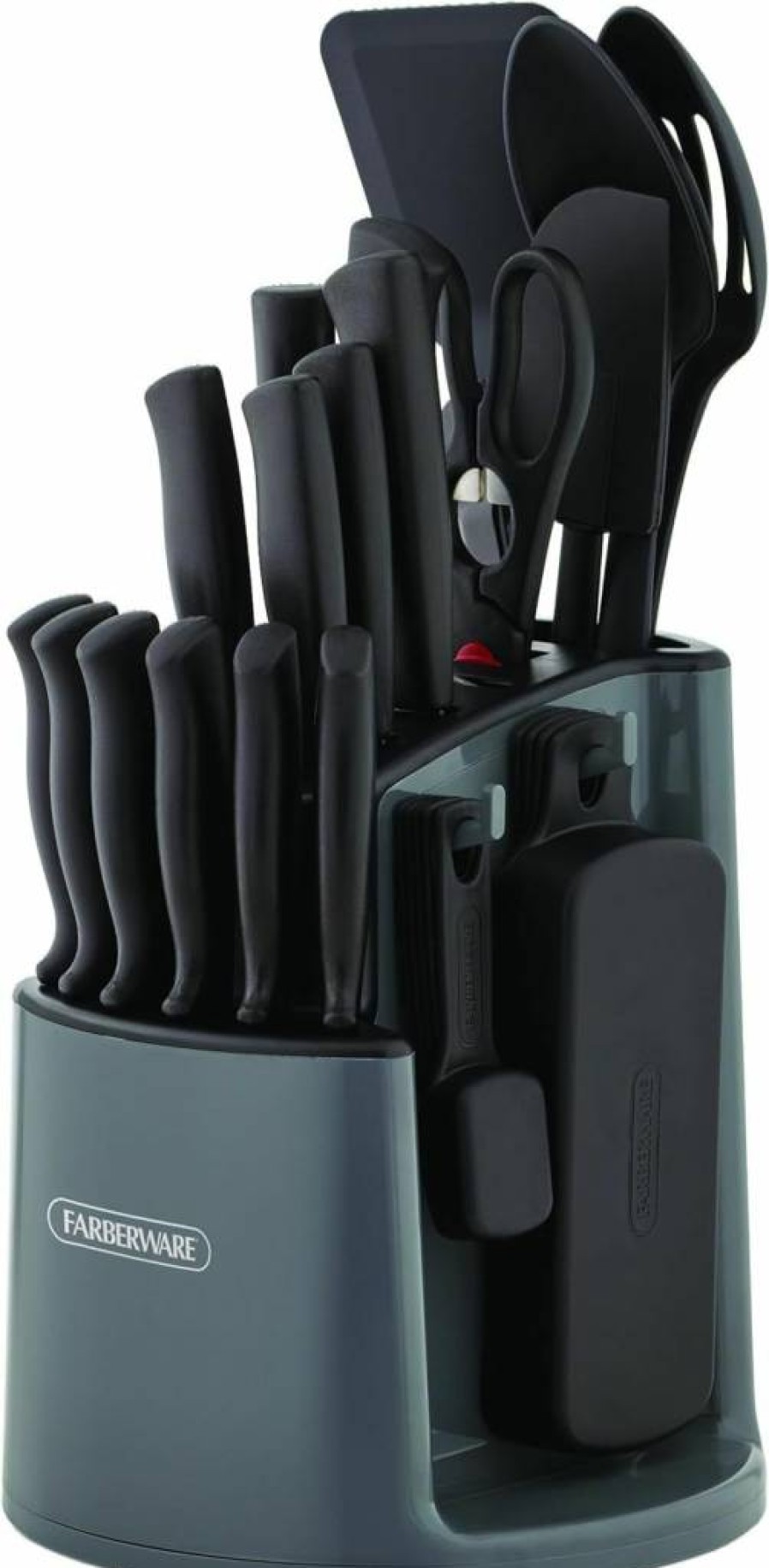 Farberware 30-Piece Knife Set with Rotating Storage Caddy - High Carbon Stainless Steel Kitchen Knives - Razor-Sharp Black Cutlery Set