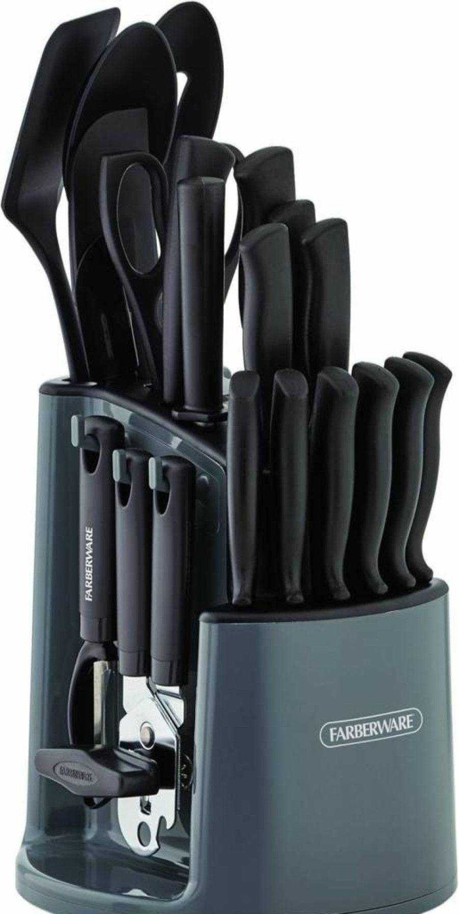 Farberware 30-Piece Knife Set with Rotating Storage Caddy - High Carbon Stainless Steel Kitchen Knives - Razor-Sharp Black Cutlery Set