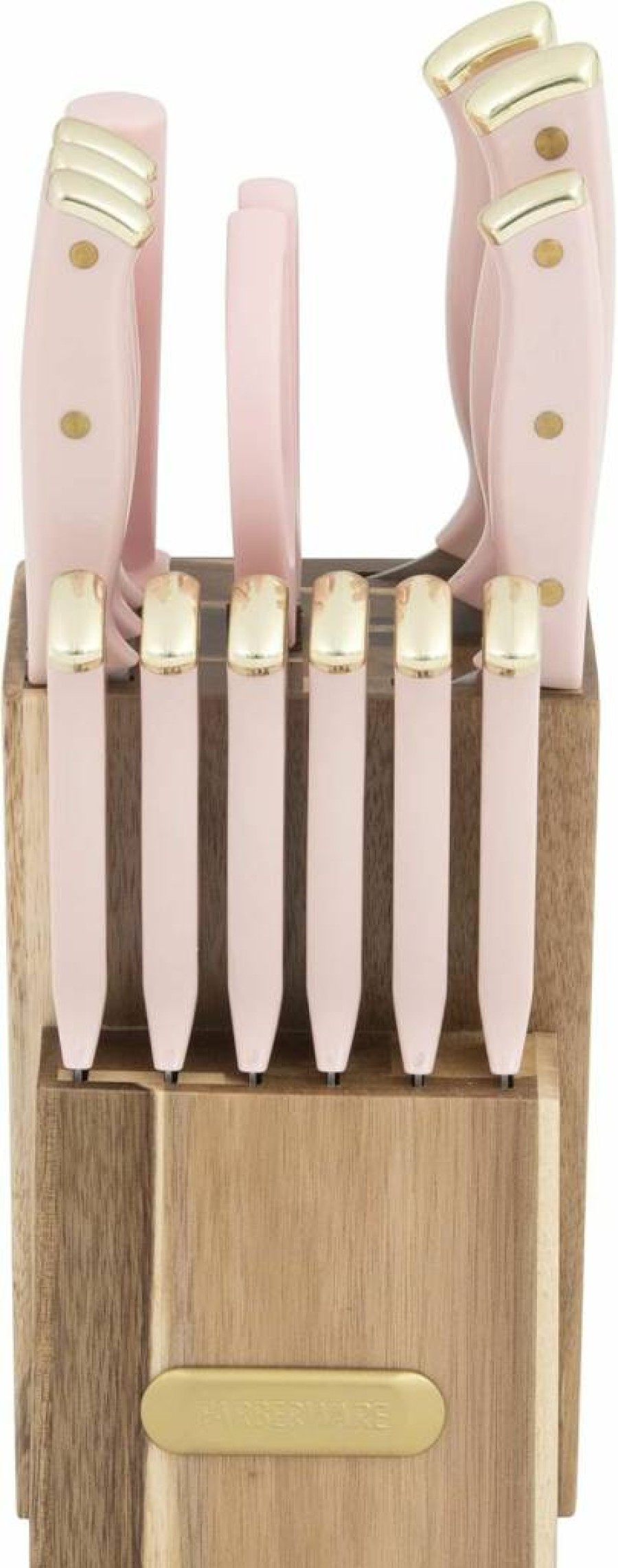 Farberware 15-Piece Knife Set with Wood Block - High Carbon Stainless Steel Kitchen Knives, Triple Riveted Handles, Razor-Sharp Blades, White & Gold Design